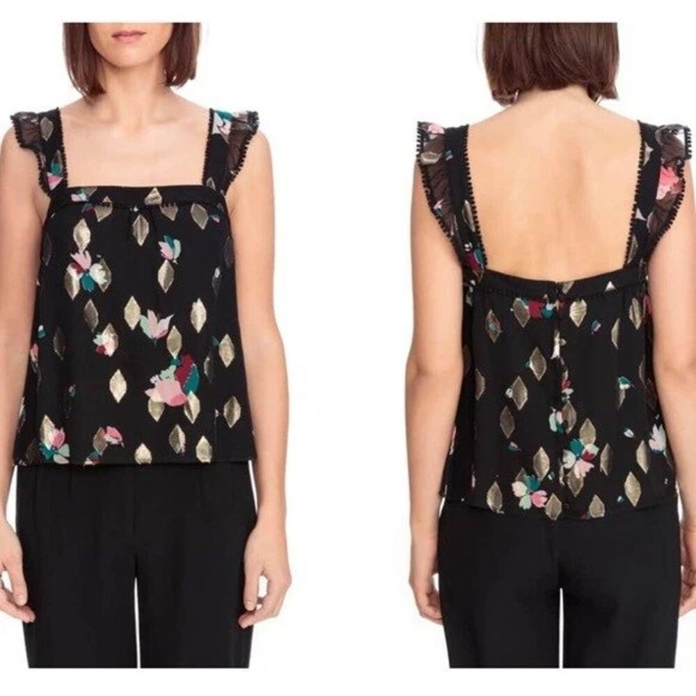 Sezane Abby Blouse Black Metallic Floral Diamond Silk Tank Top Button Down - Picture 7 of 10